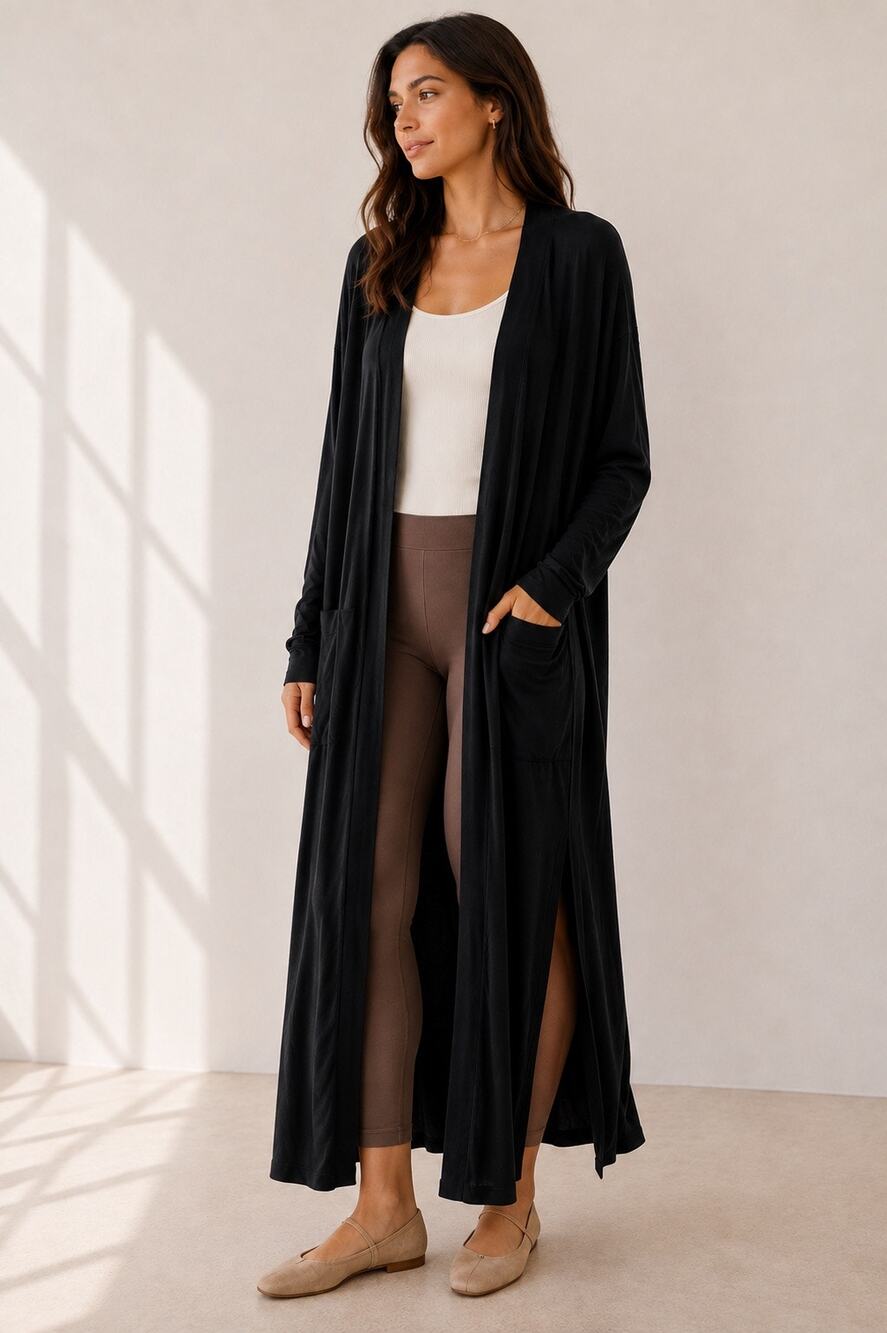 Lunya Organic Pima Cotton Long Cardigan Duster Black One Size Draped Robe